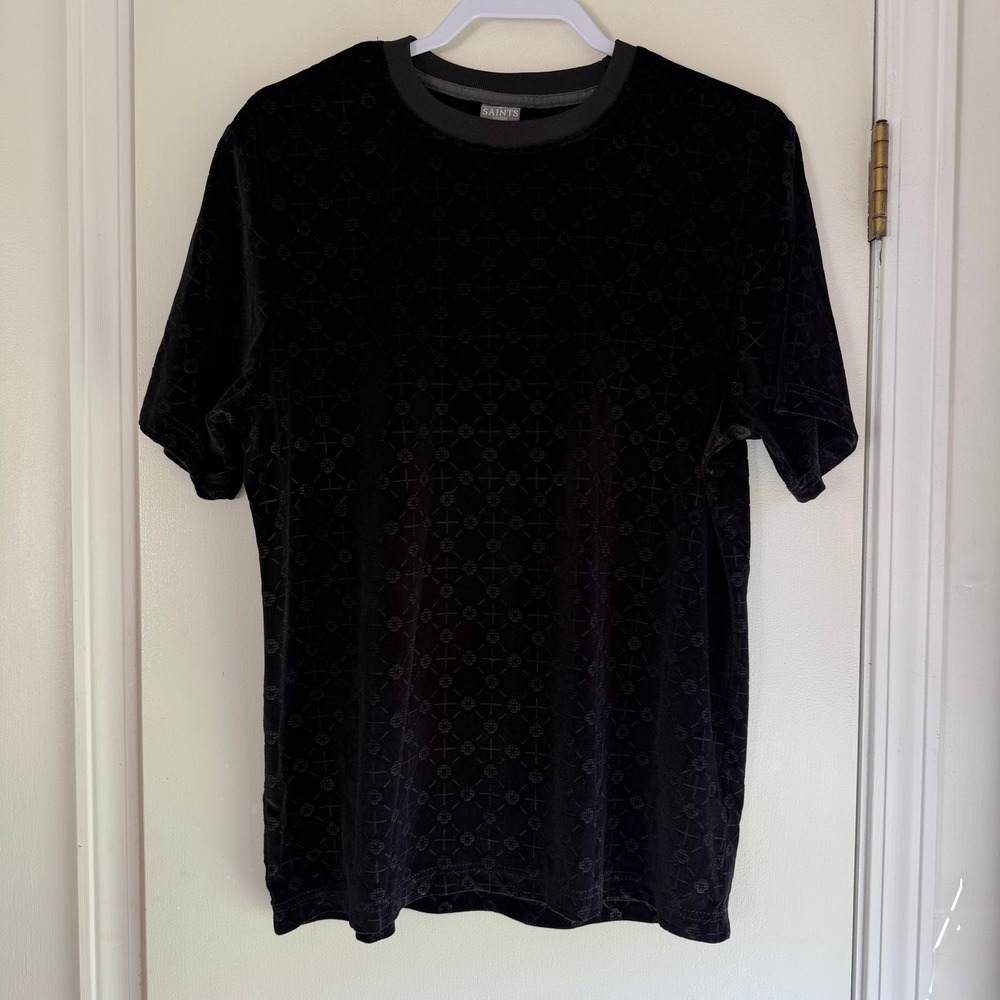 Saints Studio Mens Black Velvet Embossed Geometric Cross T-Shirt Medium RN123827